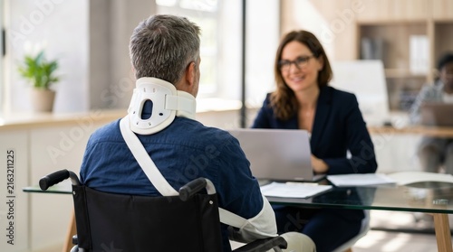 A man in a neck brace and wheelchair discusses litigation and compensation.