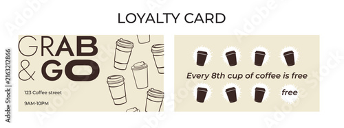Two-sided grab and go coffee shop loyalty card template with paper cups. Minimalist flat vector style. Ideal for cafe promo, client retention, or business branding printing.