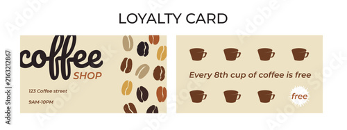 Two-sided coffee shop loyalty card template with beans and cups. Modern flat vector style in warm colors. Perfect for cafe client retention, promotional printing or branding.
