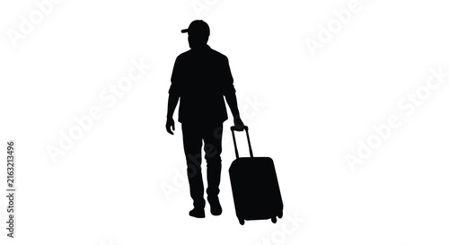 Canvas Print Man walking with rolling luggage against a white background silhouette