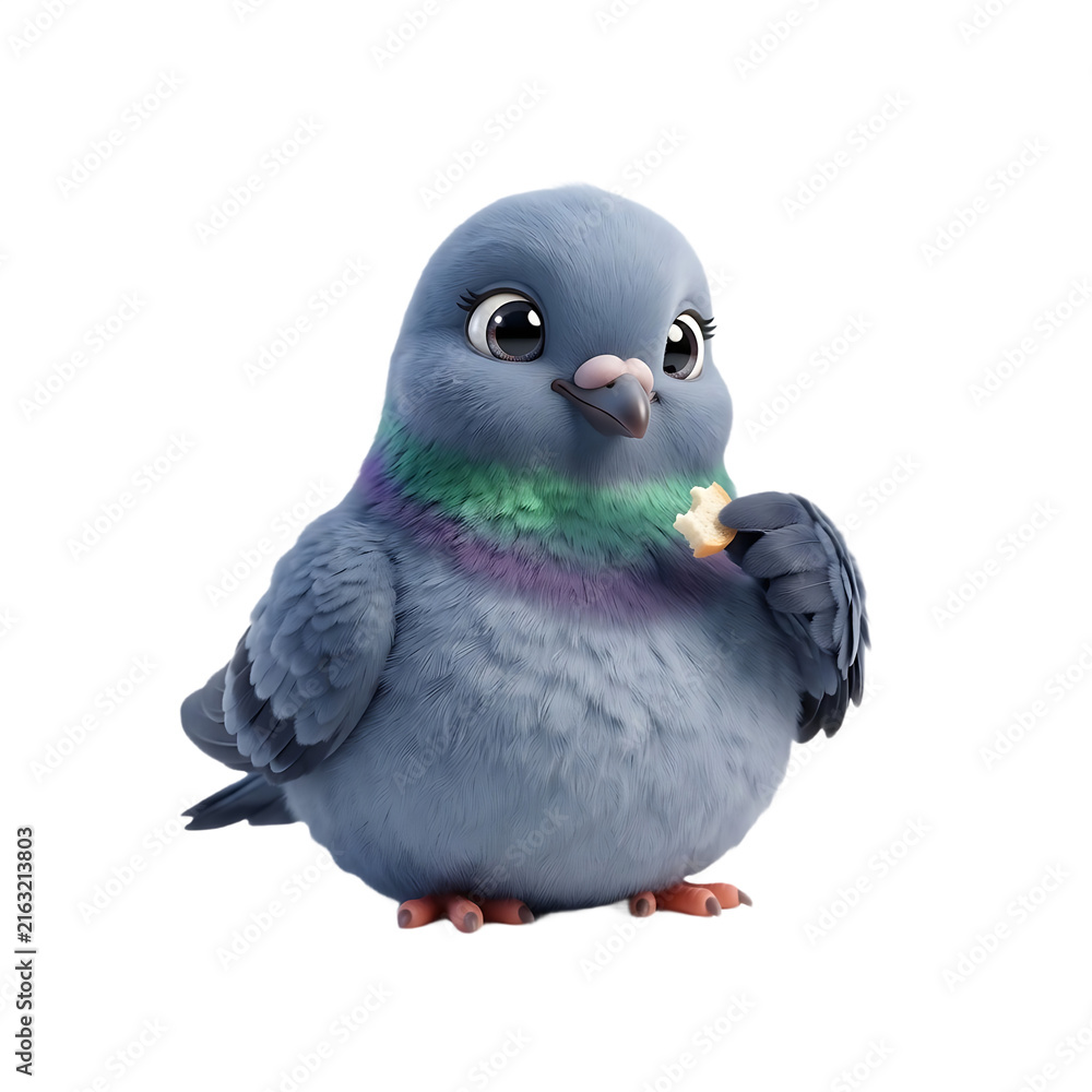 Fototapeta premium Adorable chubby pigeon character eating bread, cute blue bird with iridescent neck feathers, 3D style pigeon isolated on white background