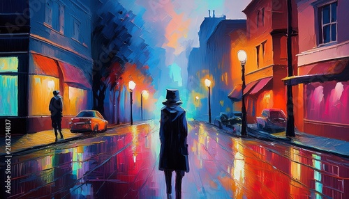 abstract oil painting of a depressed shadow in lonely neon streets
