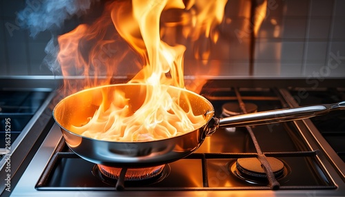 large flames erupt from a kitchen pan on a gas stove during a cooking fire