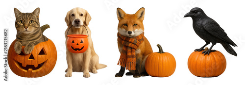 PNG Animals with pumpkins in Halloween theme  transparent background