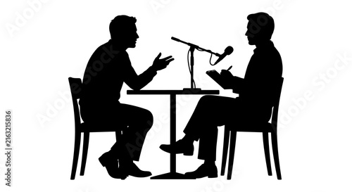 Fotografie Silhouette of two men at a table with microphones against a white background