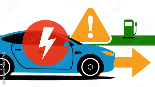 Electric car breakdown vector illustration, blue EV with low battery warning sign, electric vehicle charging station emergency concept