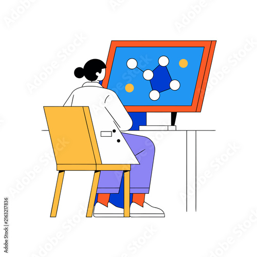 Scientist sits at desk, studying molecular structure on screen. Blue and yellow spheres form complex pattern. Focused researcher analyzes data with calm intensity. Ideal for science, tech