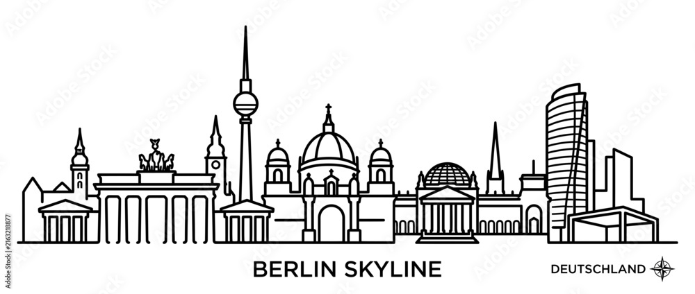Obraz premium City Skyline Silhouette, Famous Landmarks, Linear Art