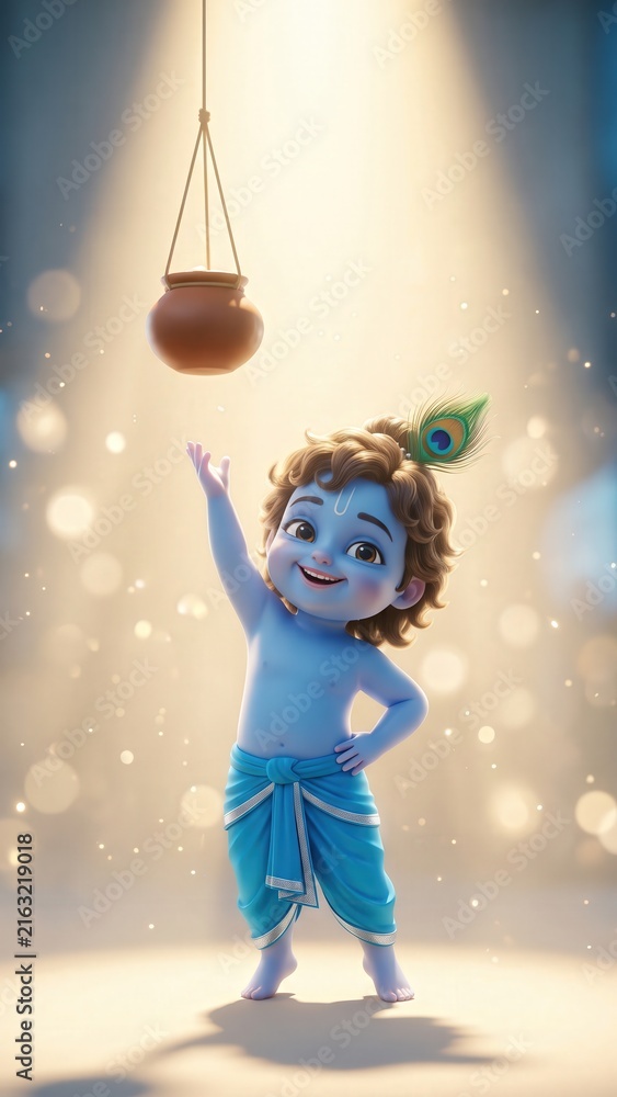 Fototapeta premium Bal Krishna Matki - Playful Makhan Chor Butter Pot Moment.