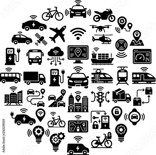 Smart transportation and smart city glyph icon set arranged in circle with electric vehicles drones autonomous cars traffic and navigation symbols vector collection