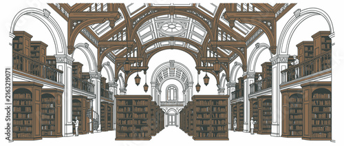 Grand Library Interior with Wooden Bookshelves and Arched Ceiling