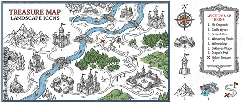 Hand-drawn fantasy treasure map with icons and compass rose