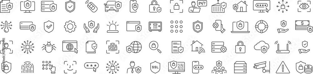 Fototapeta premium Set of cybersecurity and network protection outline icons.