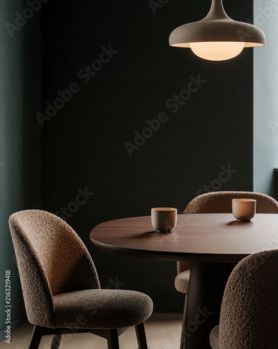 Minimalist dining setup with a modern gold pendant lamp over a dark wooden table in a room