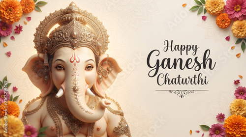 Plakat w ramie Golden Lord Ganesha idol with floral decoration for Happy Ganesh Chaturthi festival celebration poster