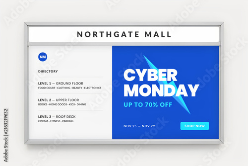Cyber Monday digital signage in shopping mall, retail directory with sale advertisement, blue electronic display board