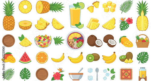 Tropical fruit vector elements set with fresh pineapples juice glasses coconuts bananas mangoes kiwi bowls flowers and leaves