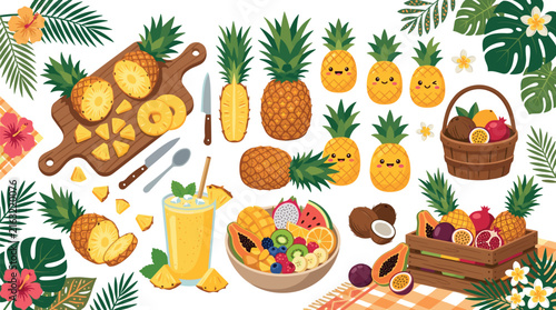 Tropical pineapple fruit concept vector elements with cute faces sliced pieces juice bowl crate basket and exotic leaves