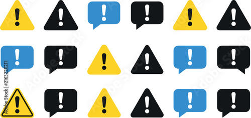 Warning and exclamation mark icon set with triangle alert signs chat bubbles notifications danger error info advice and hazard flat vector symbols