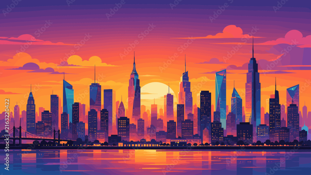 Fototapeta premium Vibrant city skyline at sunset with warm glowing skyscrapers and reflection