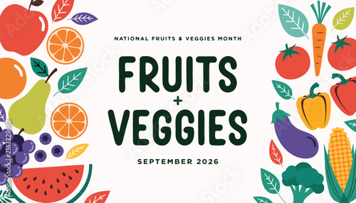 Colorful fruits and vegetables border illustration for national nutrition month event
