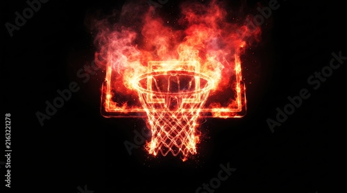 Basketball hoop on fire with intense flames and glowing embers against a dark black background
