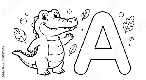 Educational alphabet coloring page featuring a cute alligator standing next to the capital letter a for kids