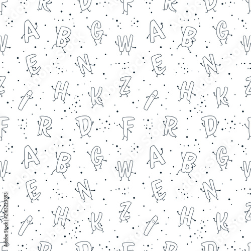 Alphabet Seamless Pattern. Playful Letters with Hands, Legs and Dots. Black White ABC Background for Kids, Preschool Education, Classroom Materials, Nursery Decor, Learning activities. Vector
