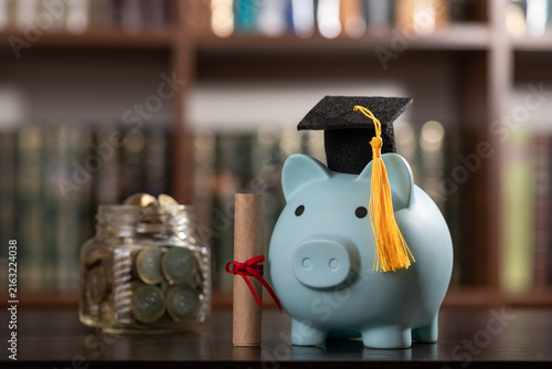A conceptual image representing the cost of education, science funding, and financial literacy, featuring an academic cap and a piggy bank