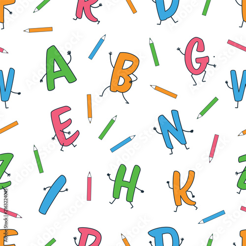 Alphabet Seamless Pattern. Playful Letters with Hands, Legs and Colored Pencils. Colorful ABC Background for Kids, Preschool Education, Classroom Materials, Nursery Decor, Learning activities. Vector