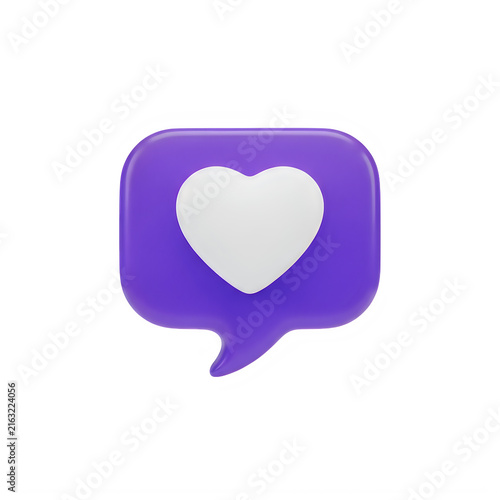3d purple speech bubble icon with a white heart symbol inside