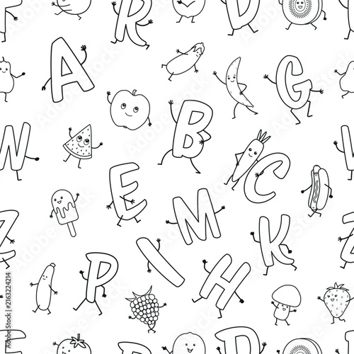 Alphabet Food Seamless Pattern. Playful Letters, Food Characters with Faces. Black White ABC Background for Kids, Preschool Education, Classroom Materials, Kids Decor, Learning activities. Vector