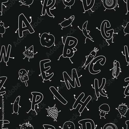 Alphabet Food Seamless Pattern. Playful Letters, Food Characters with Faces. Black White ABC Background for Kids, Preschool Education, Classroom Materials, Kids Decor, Learning activities. Vector
