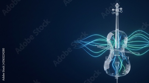 Classic cello made of transparent crystals and glowing blue green bioluminescent threads, innovative high-tech audio data waves concept against dark midnight blue background with copy space  