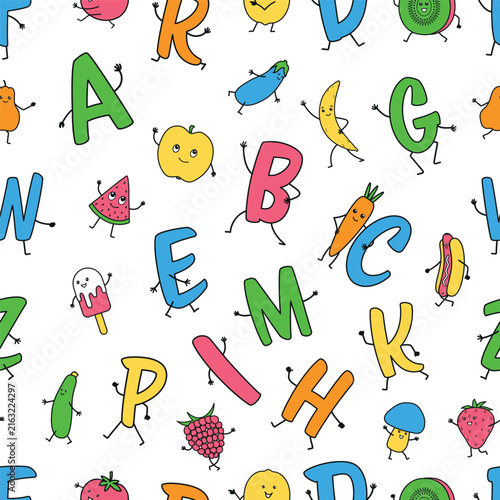 Alphabet Food Seamless Pattern. Playful Letters, Food Characters with Faces. Colorful ABC Background for Kids, Preschool Education, Classroom Materials, Nursery Decor, Learning activities. Vector