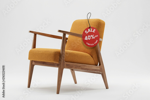 Mid-century modern armchair with 40% off sale tag. Yellow fabric lounge chair on white background. Retail furniture discount concept.