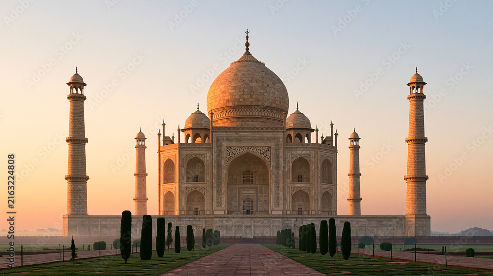 Obraz premium Grand white marble palace-like heritage monument glowing in warm sunrise light, symmetrical architecture, soft morning mist, peaceful atmosphere, Indian tourism, heritage