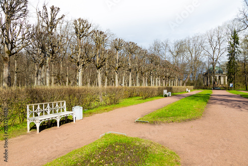 White bench sits quietly beside a winding path