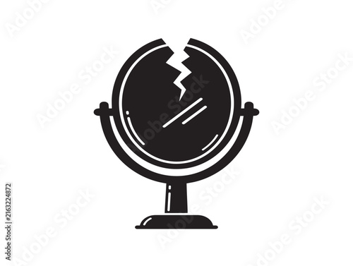 Broken mirror icon silhouette. Cracked vanity glass symbol for bad luck or damage concepts.