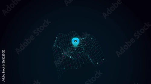 Abstract Digital Map Pin Pointer Motion Graphics, Animated Glowing Neon Location Marker on 3D Wireframe Grid Mesh Loop