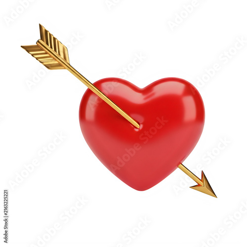 A shiny red heart pierced by a golden arrow on white background