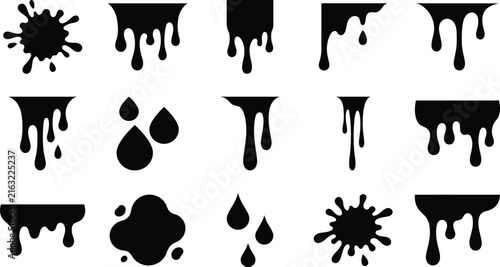 Set of black liquid drips, paint splashes, and ink drops