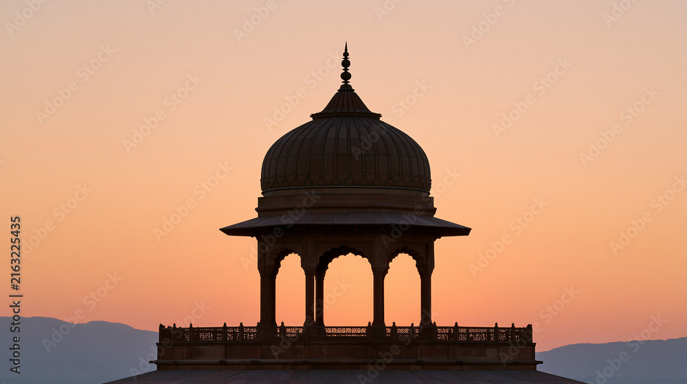 Fototapeta premium Silhouette of an ancient Indian temple against a dramatic orange and purple sunset sky, peaceful atmosphere, spiritual travel, Indian heritage, sacred architecture, cultural