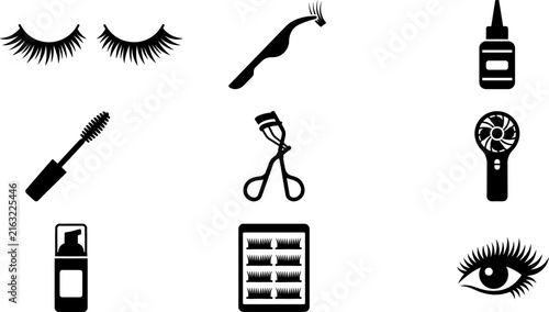 A collection of black eyelash extensions and various makeup tools like mascara glue scissors and an eyelash curler are displayed