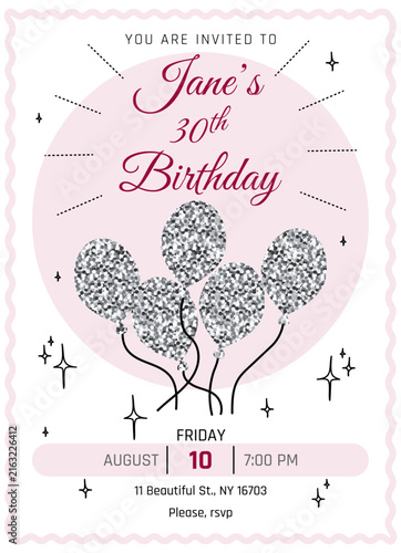 Elegant birthday party invitation template with silver glitter balloons for woman in simple vector trendy style