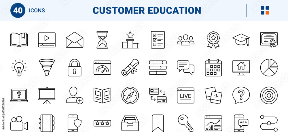 Naklejka premium Customer education line icon set. Vector pictograms of user, onboarding, knowledge, and base elements, thin linear illustration.