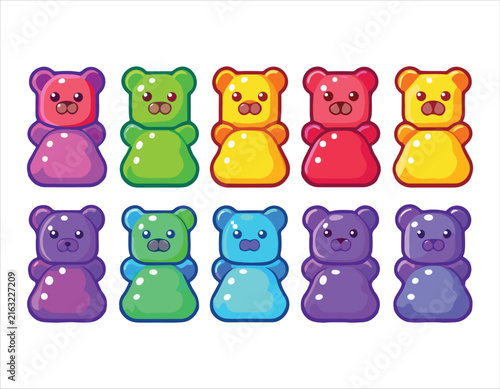 Colorful cartoon bear shaped gummy candy illustrations isolated on transparent background