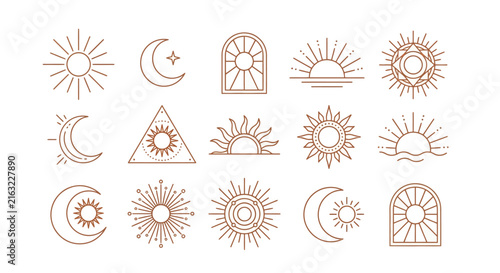 Celestial sun and moon line illustrations minimalist style