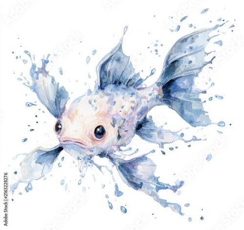 Watercolor blue goldfish swimming fishes illustration
