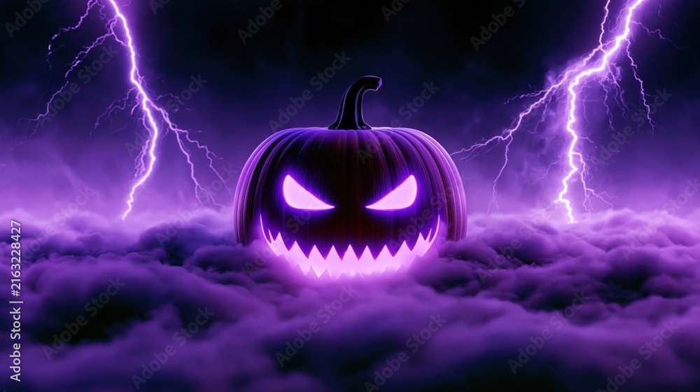Naklejka premium Glowing jack o lantern with purple eyes and jagged smile rises from fog as lightning strikes a dark Halloween scene.